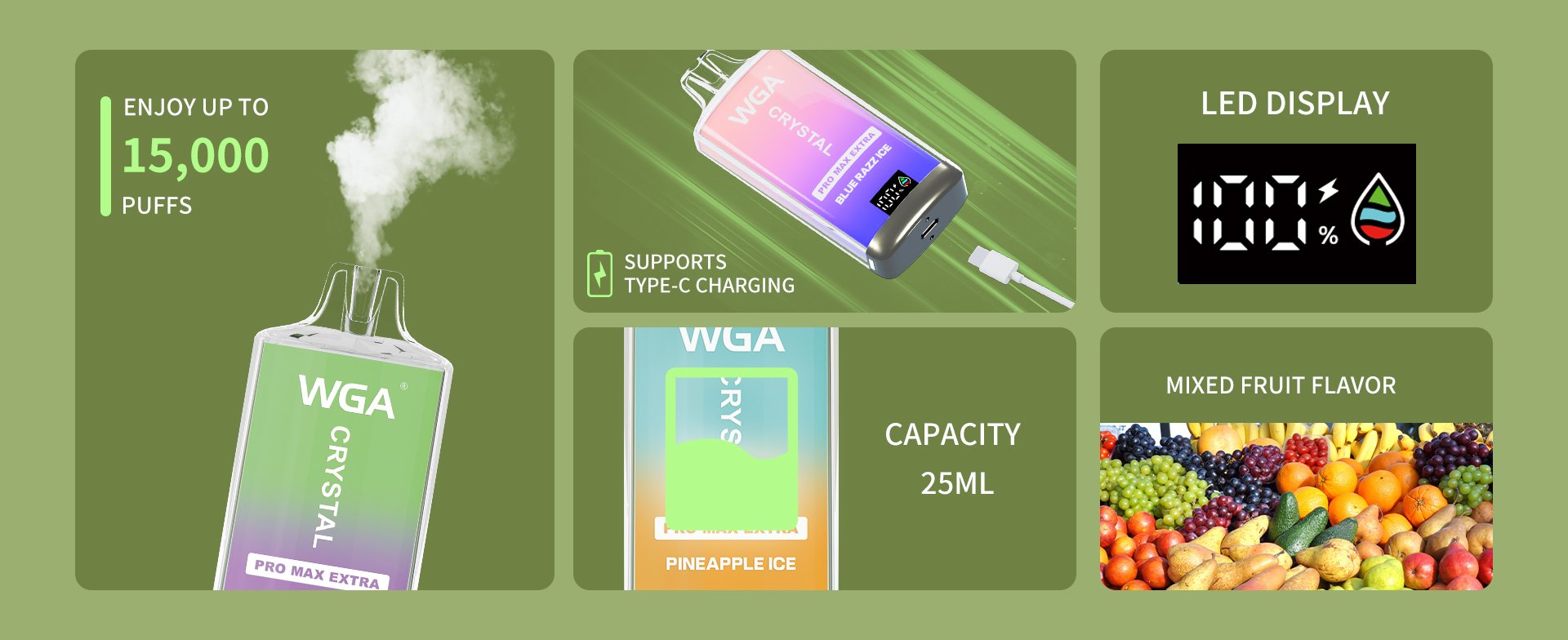 WGA Crystal Pro Max Extra 15K Disposable Vape Pen offering up to 15,000 puffs with sleek design and advanced features for a premium vaping experience.