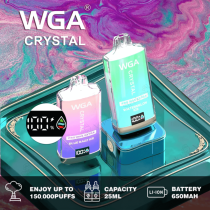 WGA Crystal Pro Max Extra 15K, vape monouso in un'elegante confezione che offre 15.000 boccate, caratterizzata da un design moderno con colori vivaci, ideale per un uso prolungato e per il vaping in movimento.