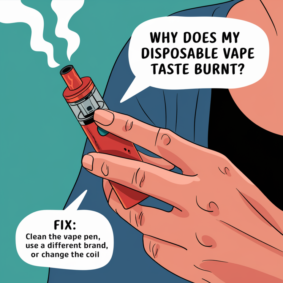 A hand holding a vape pen, with speech bubbles asking "Why does my disposable vape taste burnt?" and suggesting solutions: "Clean the vape pen, use a different brand, or change the coil."