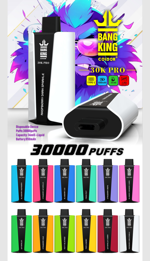 Bang King 30K Pro disposable vape device with 30,000 puffs, 850mAh battery, 36ml e-liquid capacity, Type-C charging, available in multiple color and flavor options.