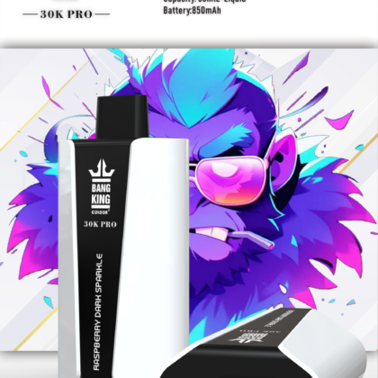 An advertisement for Bang King Color 30K Pro disposable vape, featuring a device that offers 30,000 puffs with a capacity of 36mL e-liquid and an 850mAh battery, accompanied by vibrant, abstract purple graphics and text detailing the product specifications.