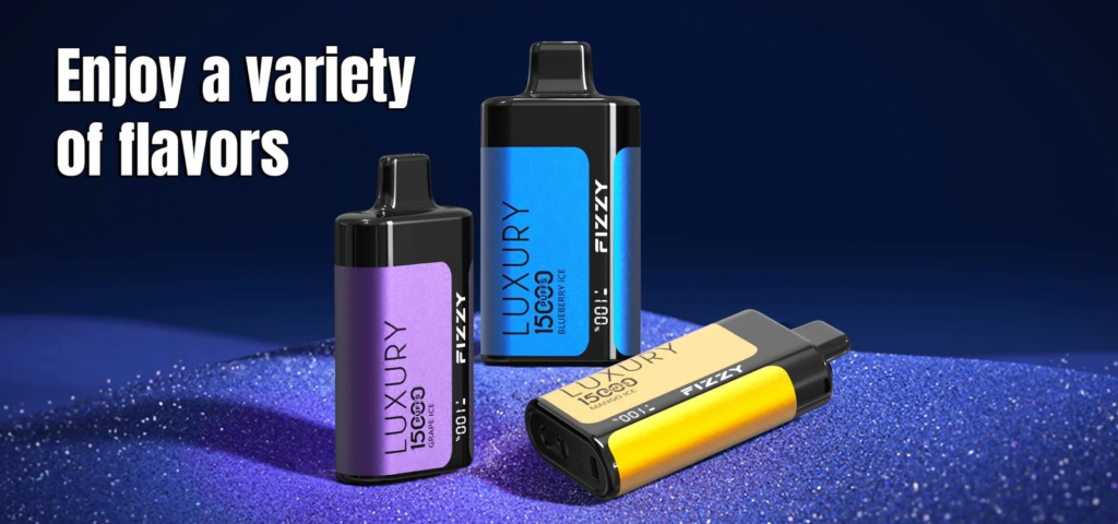 Three colorful disposable vape devices labeled "Luxury Fizzy" in purple, blue, and yellow, displayed on a sparkling blue surface with the text "Enjoy a variety of flavors" above.