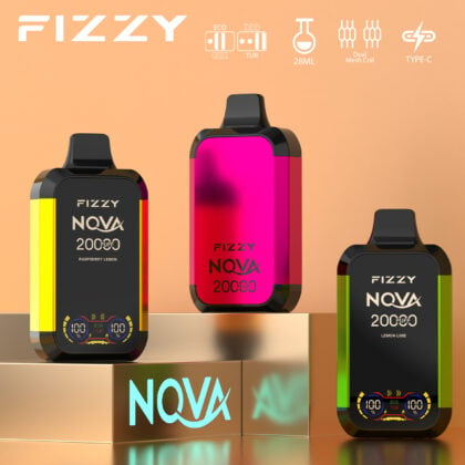 Three colorful FIZZY NQVA 20000 puff vape devices in different colors (yellow/black, pink, and green/black) are displayed on a gold surface, with icons indicating features like dual mesh coil, 28ML capacity, and Type-C charging.