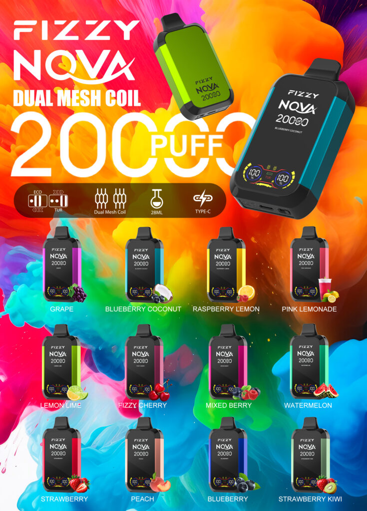 Fizzy Nova disposable vape devices in various flavors with 20,000 puffs, dual mesh coil, 28ml capacity, and Type-C charging, displayed against a colorful background.