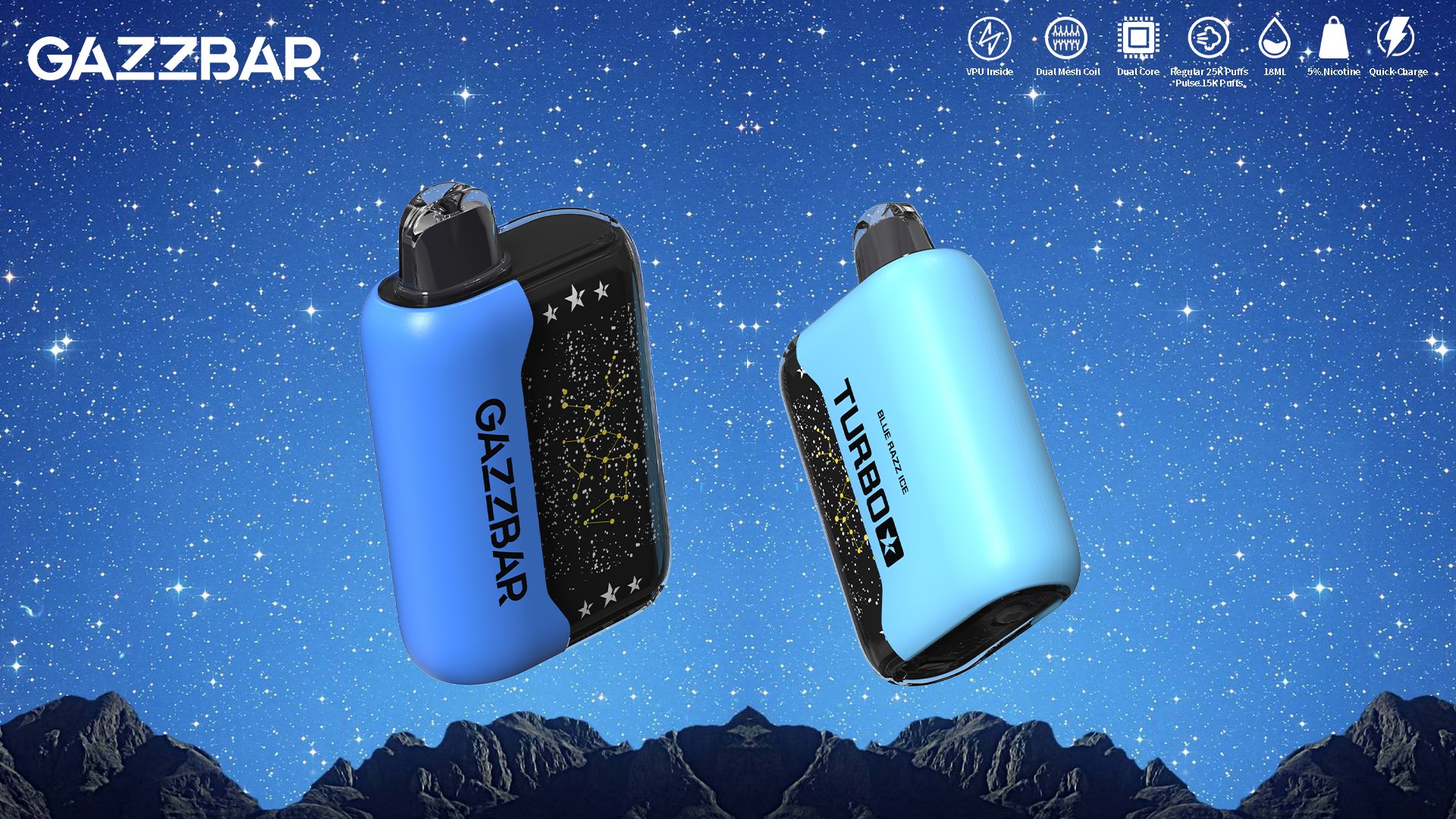 Two disposable vape devices, labeled "GAZZBAR" and "TURBOX" respectively, floating against a starry sky background with mountain silhouettes below. The GAZZBAR device is black with star designs, and the TURBOX is light blue with constellation patterns. Icons along the top indicate features such as "Dual Mesh Coil" and "Quick Charge."