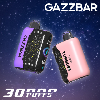 Two GAZZBAR Turbo+ disposable vape devices floating in space, one in purple and black, the other in pink and black, with "30,000 puffs" text at the bottom.