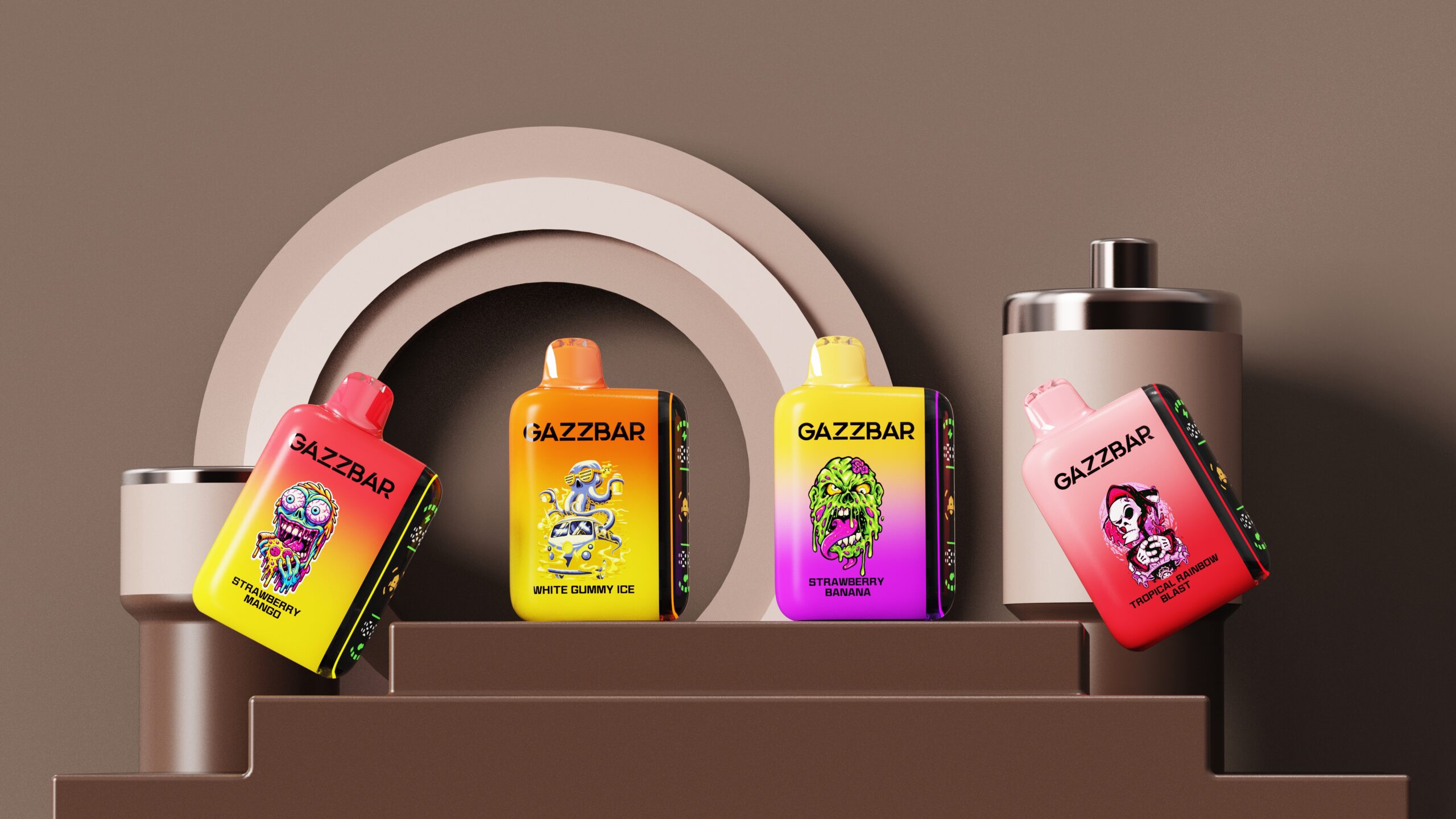 Four colorful GAZZBAR vape devices in different flavors displayed on a geometric platform. The devices feature vibrant cartoonish monster illustrations and are labeled with flavors like Strawberry Mango, White Gummy Ice, Strawberry Banana, and Tropical Rainbow Blast.