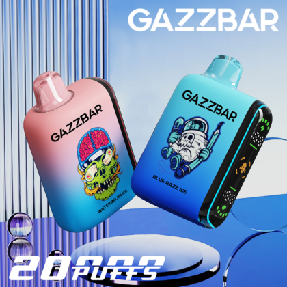 Zwei farbenfrohe Einweg-Vape-Geräte mit der Aufschrift GAZZBAR", eines in Pink und eines in Blau, mit lebhaften Cartoon-Motiven und den Geschmacksrichtungen Watermelon Ice" und Blue Razz Ice", mit dem Text 20 puffs" am unteren Rand.