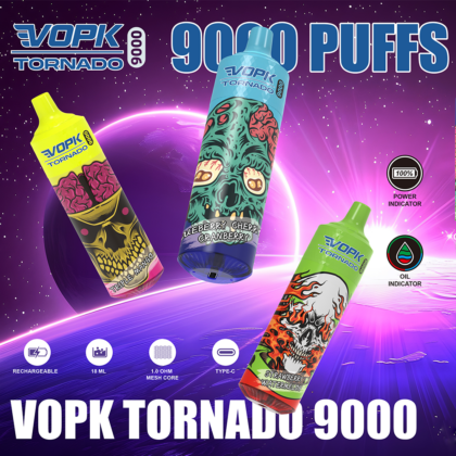 "VOPK Tornado 9000 disposable vape with three colorful designs, featuring flavors like Triple Mango, Blueberry Cherry Cranberry, and Strawberry Watermelon, 9000 puffs, rechargeable, 18 ml, 1.0 ohm mesh core, and Type-C charging."