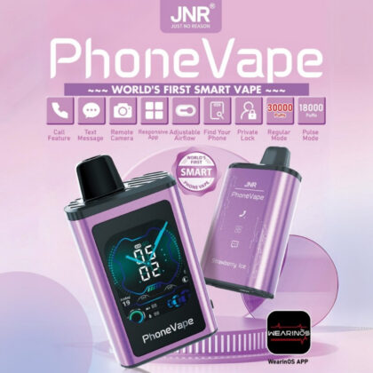 Purple smart vape device called "PhoneVape" by JNR, labeled as the world's first smart vape, with features like call, text, remote camera, adjustable airflow, phone locator, and private lock. Displayed alongside icons, it boasts 30,000 puffs and shows an app integration with WearinOS.