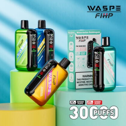 WASPE FiHP vape devices displayed in various colors alongside packaging, highlighting "Watermelon Bubblegum" flavor and features like 30000 puffs, 850mAh battery, and adjustable airflow settings.