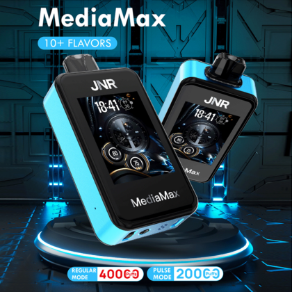 MediaMax JNR vape device display showing 10+ flavors, with regular mode offering 400 puffs and pulse mode offering 200 puffs.