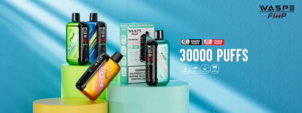 Promotional image showing multiple colorful vape devices with "WASPE FiHP" branding, highlighting "30000 PUFFS" and product features such as 850mAh battery, Type-C charging, and dual mesh coil.