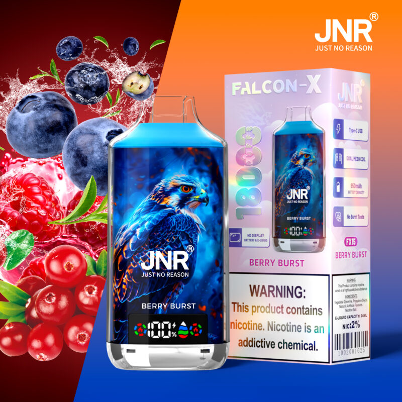 JNR Falcon-X vape with a vibrant hawk design, labeled "Berry Burst" flavor. Includes product features like 1800 puffs, 950mAh battery, and 2% nicotine. Warning: contains nicotine, an addictive chemical. Blueberry, raspberry, and cranberry visuals highlight berry flavor.