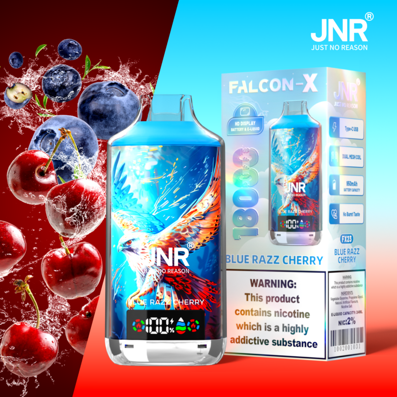 Blue Razz Cherry flavored vape device by JNR, featuring a colorful hawk design on the body and a display showing battery level, alongside packaging highlighting specifications and a nicotine warning.