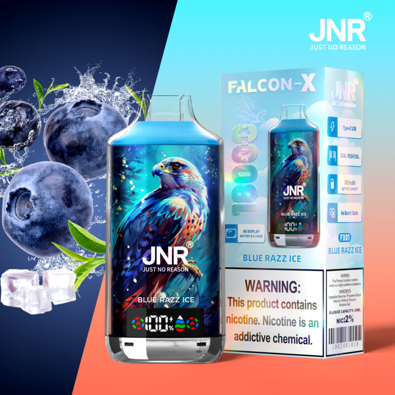 Blue Razz Ice vape product with falcon artwork, blueberry and ice cube imagery, and nicotine warning label.