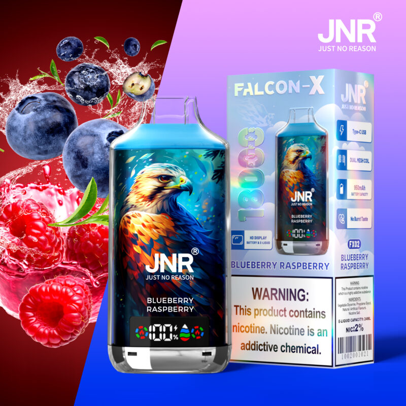 JNR Falcon-X Blueberry Raspberry vape with a colorful hawk design on the device, surrounded by splashing blueberries and raspberries.