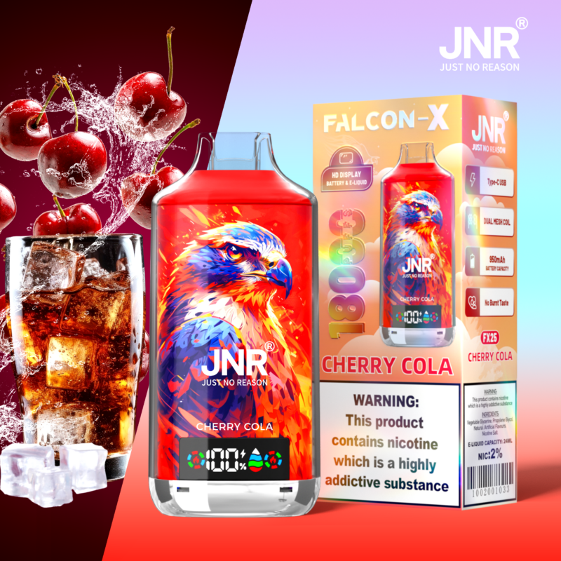 Alt text: Cherry cola themed vape product packaging with eagle illustration, featuring cherries and a cola drink.