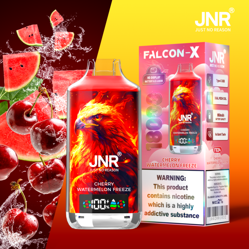 E-cigarette package with cherry and watermelon design, labeled "JNR".