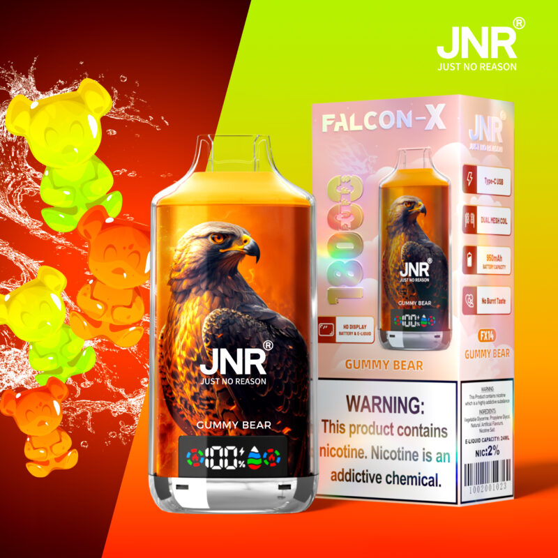 JNR Falcon-X vape device with a gummy bear flavor, featuring an eagle graphic, 1800 puffs, and nicotine content warning.