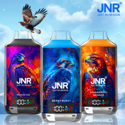 Three vape devices labeled "JNR" with hawk illustrations in different colors, displaying flavors "Peach Ice," "Berry Burst," and "Strawberry Banana" against a cloudy sky background with a flying hawk.