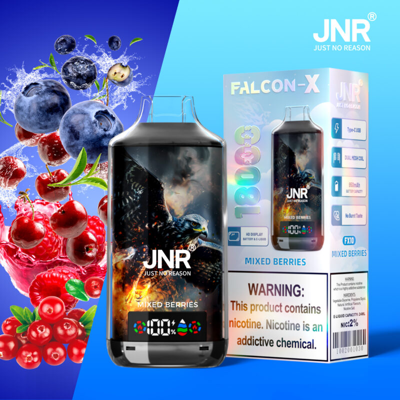 JNR Falcon-X mixed berries vape with eagle graphic, showing 1800 puffs, HD display, and warning label about nicotine content.