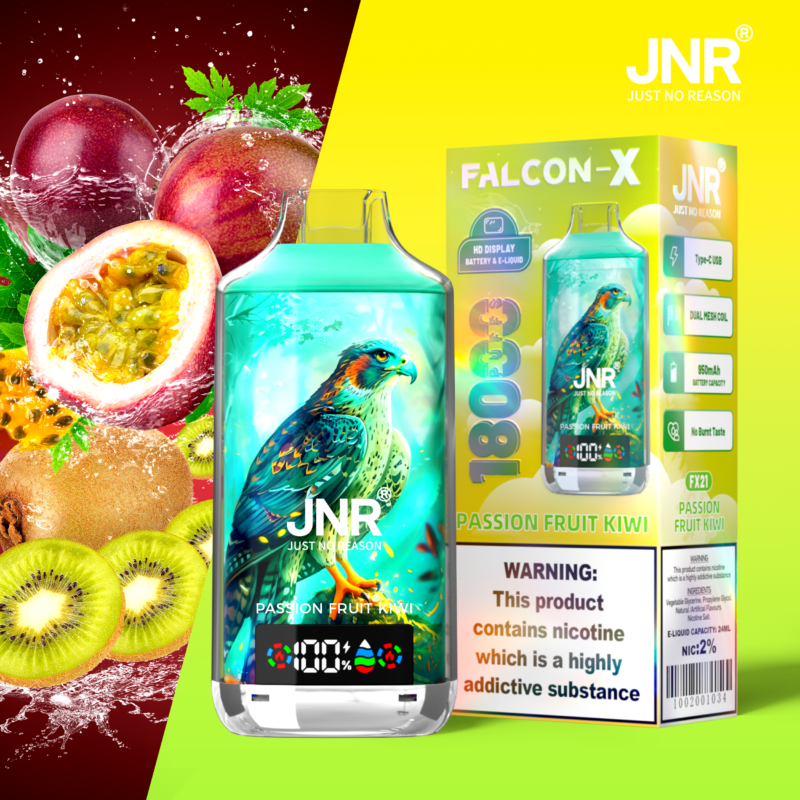 A JNR Falcon-X vape device with a vibrant hawk illustration on the packaging, flavor labeled as "Passion Fruit Kiwi," displaying product features like 1800 puffs, HD display, dual mesh coil, and a warning about nicotine.