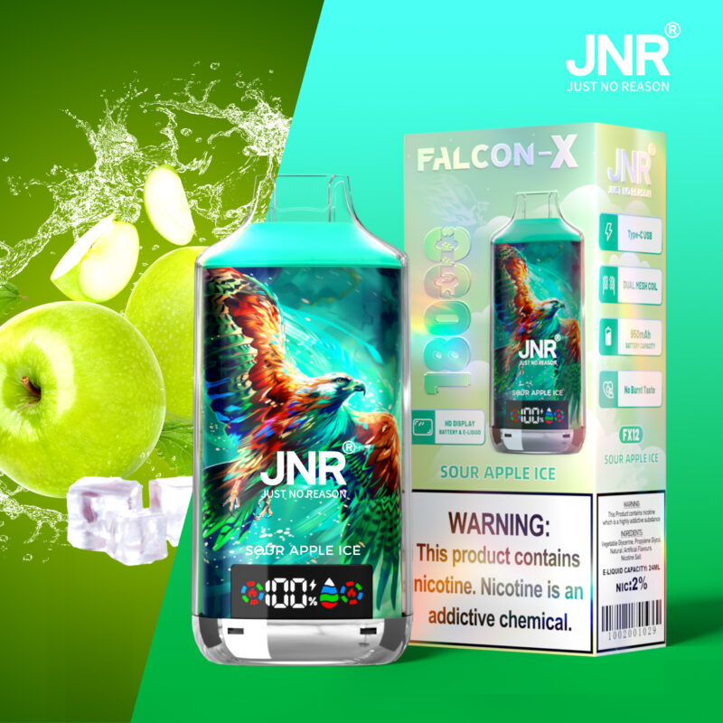 JNR vape product featuring a "Sour Apple Ice" flavor, with images of green apples and ice on the left, and the vape device with a colorful hawk illustration alongside its packaging on the right.