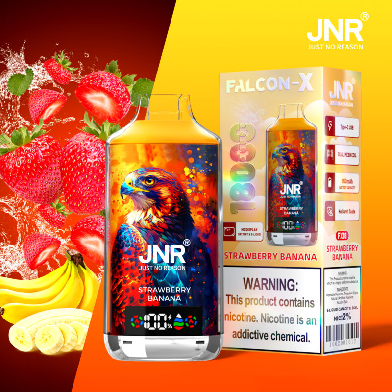 JNR Falcon-X vape device with strawberry banana flavor packaging, featuring a colorful hawk illustration, 1800 puffs label, and warnings about nicotine content.