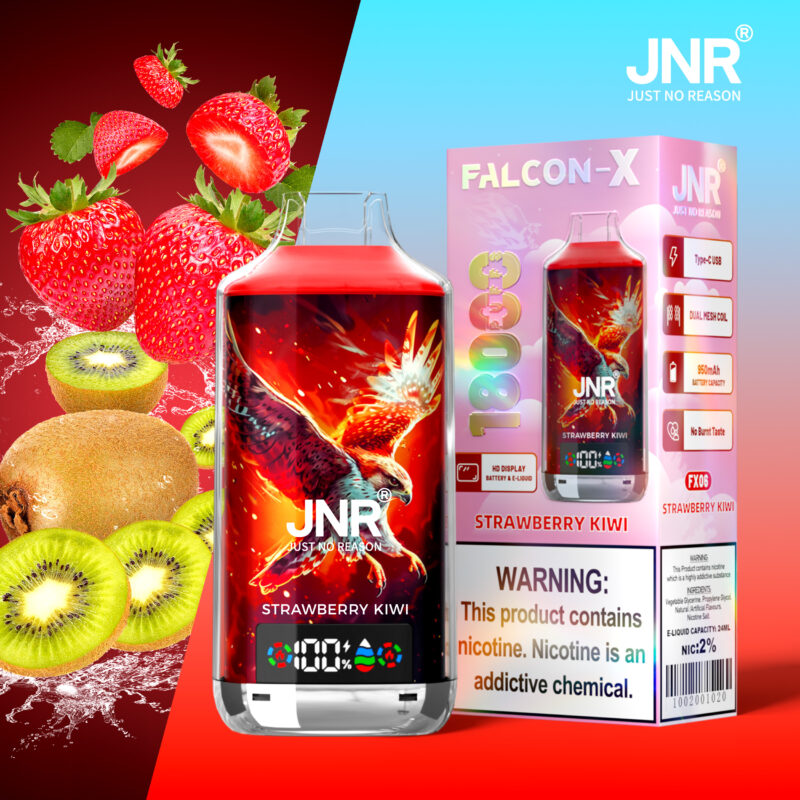 Alt text: "JNR Falcon-X Strawberry Kiwi vape packaging with nicotine warning, featuring illustrations of strawberries, kiwis, and an eagle."