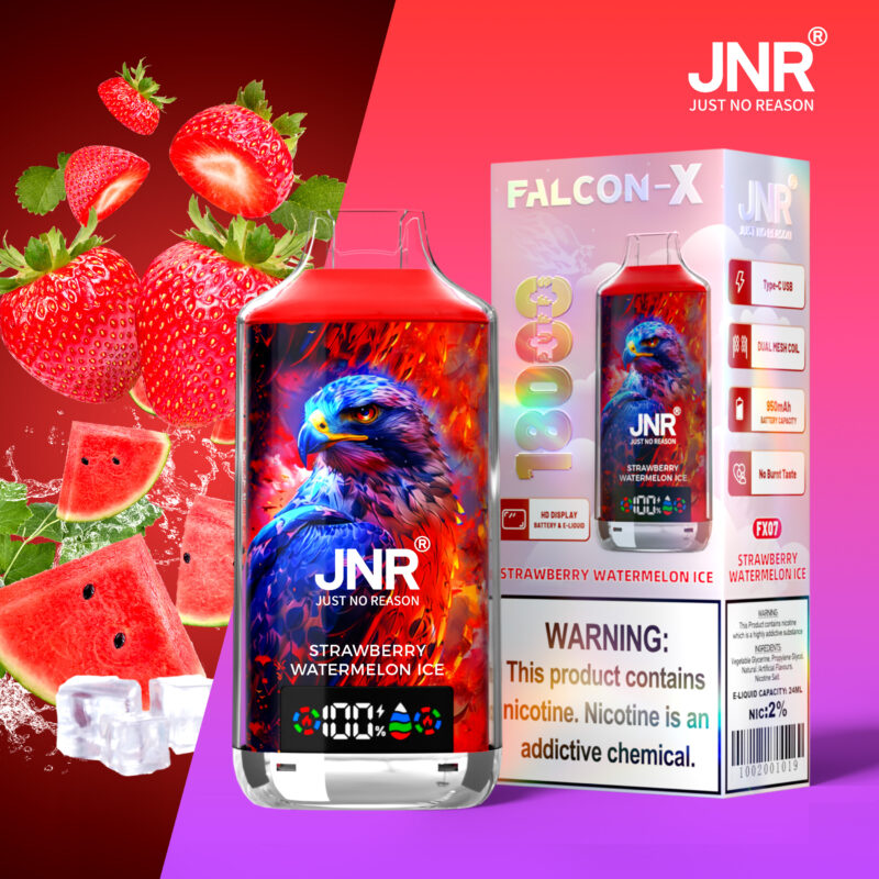 JNR Falcon-X vape device in strawberry watermelon ice flavor, with vibrant eagle artwork, battery display, 1800 puffs, and nicotine warning