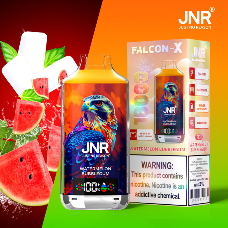 JNR Falcon-X vape device with a vibrant hawk illustration, labeled "Watermelon Bubblegum" flavor, 1800 puffs, and nicotine warning