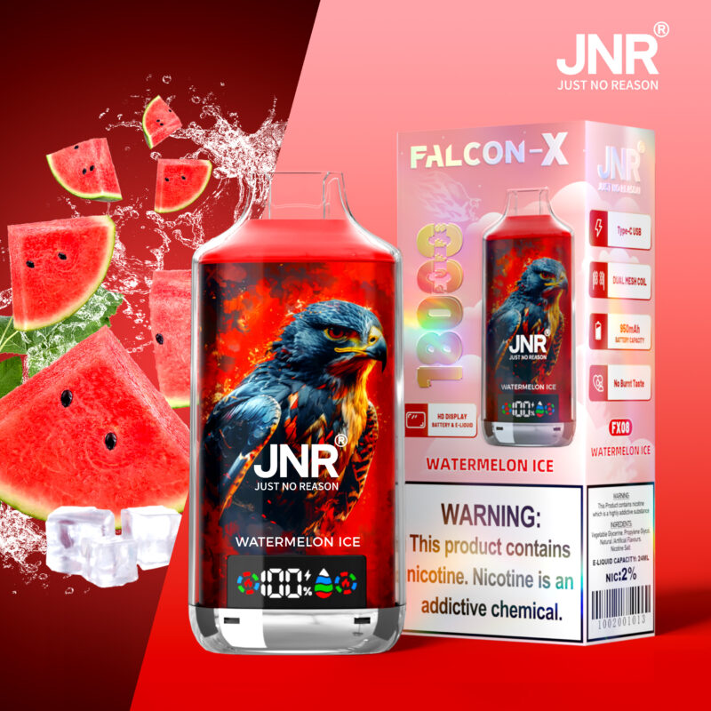 JNR Falcon-X disposable vape device with watermelon ice flavor, featuring an eagle design, 18000 puffs, 950mAh battery, dual mesh coil, and nicotine warning label.