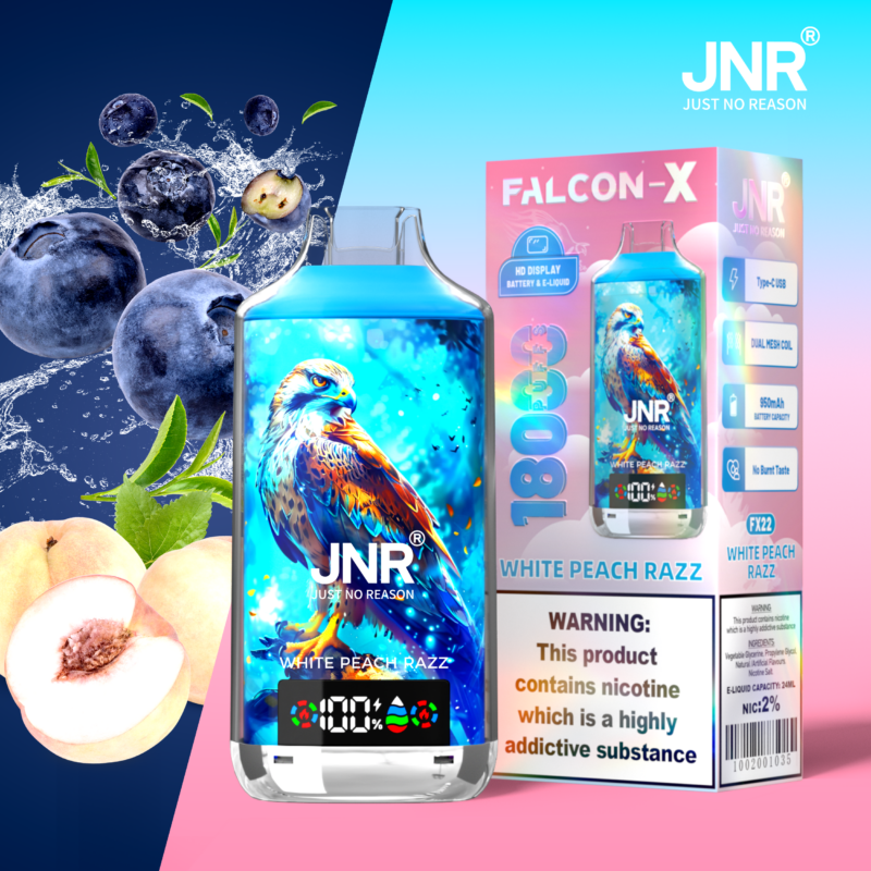 JNR Falcon-X vape device with a hawk illustration, labeled "White Peach Razz," featuring blueberries and peach graphics. Warning label about nicotine addiction visible on the packaging.