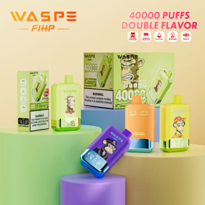 Promotional display of WASP FIXP vaping devices featuring colorful designs with monkey illustrations, "40000 PUFFS DOUBLE FLAVOR" text, product boxes, and devices in green, orange, yellow, and purple, arranged on pastel-colored podiums.