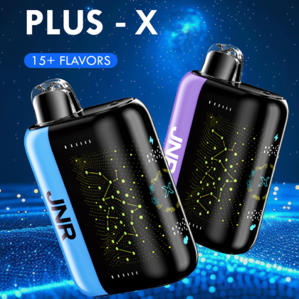 Zwei PLUS-X-Vaping-Geräte mit blauen und violetten Akzenten und einem digitalen Musterdesign, das „15+ Aromen“ auf einem Sternenhintergrund zeigt.