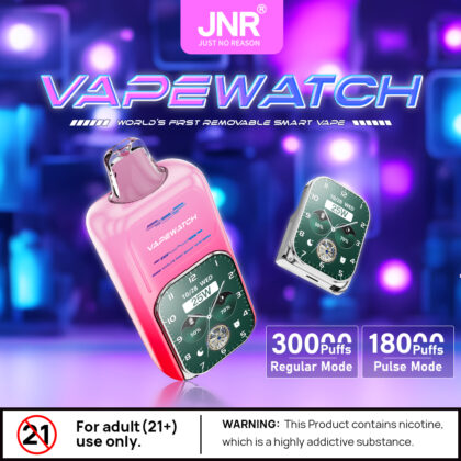 Vapewatch by JNR, a removable smart vape device in pink with a watch-like display showing date and wattage (25W). Features two modes: Regular (30,000 puffs) and Pulse (18,000 puffs). For adults 21+ only, contains nicotine.