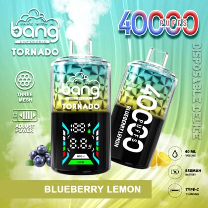 A colorful advertisement for a disposable vape device called "Bang Tornado" featuring a "Blueberry Lemon" flavor. It highlights its capacity of 40,000 puffs, 40 mL volume, 850 mAh battery, adjustable power, and Type-C charging. Images of blueberries and lemons are included, along with technical graphics displaying power settings.