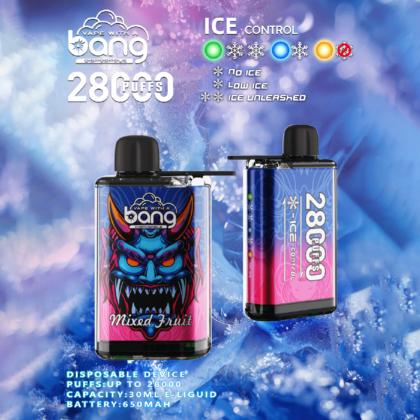 A promotional graphic for a disposable vape device, featuring a colorful design with a mixed fruit flavor label, showcasing the capability of delivering up to 28,000 puffs. The device has ice control settings indicated by colored icons, along with product specifications including a 30ml e-liquid capacity and a 650mAh battery.