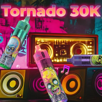 Due bombolette spray colorate con disegni di teschi sono posizionate davanti a un boombox retrò, su uno sfondo vibrante in stile graffiti. Il testo "Tornado 30K" è ben visibile in alto.