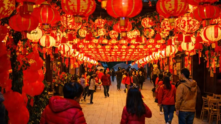 A vibrant street decorated with red lanterns and festive ornaments, filled with people enjoying a celebration.