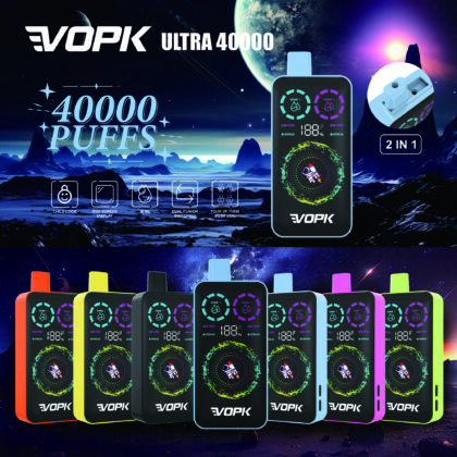 Colorful VOPK Ultra 40000 vape devices with 40000 puffs, dual flavor switching, RGB screen display, and child lock features showcased against a futuristic space-themed background.