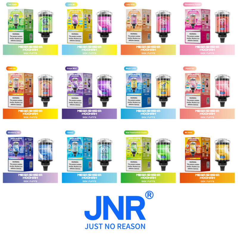 A collection of JNR Mega Shisha Hookah disposable vape devices in various flavors, each displayed with colorful packaging and labeled "100X PUFFS," accompanied by the JNR logo and slogan "Just No Reason."