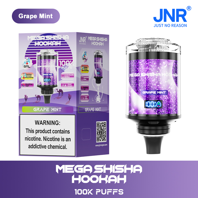 Mega Shisha Hookah device in "Grape Mint" flavor, featuring 100,000 puffs, a digital screen, customizable airflow, and a warning about nicotine content.