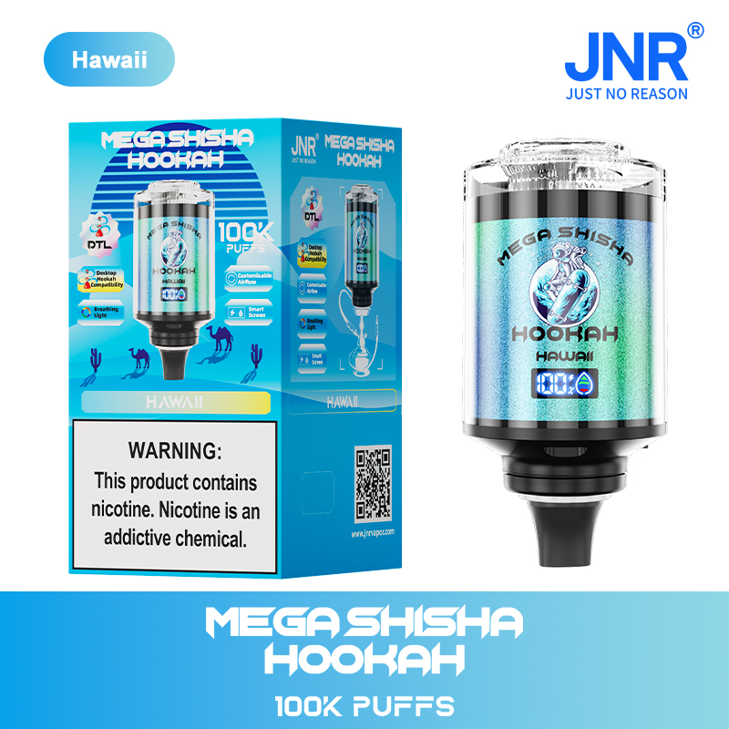 Packaging and product of "Mega Shisha Hookah Hawaii" with 100K puffs displayed, including a nicotine warning label, blue branding, and device features shown on the box.