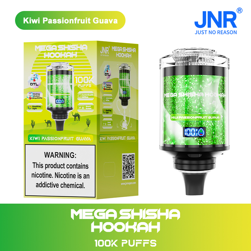 Kiwi Passionfruit Guava Mega Shisha Hookah packaging featuring a green design, product image, "100K PUFFS" text, and nicotine warning label.