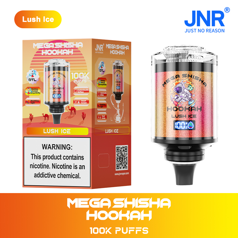 Packaging and device of the "Mega Shisha Hookah Lush Ice" product with 100K puffs, featuring a colorful design, desert-themed box, and nicotine warning label.