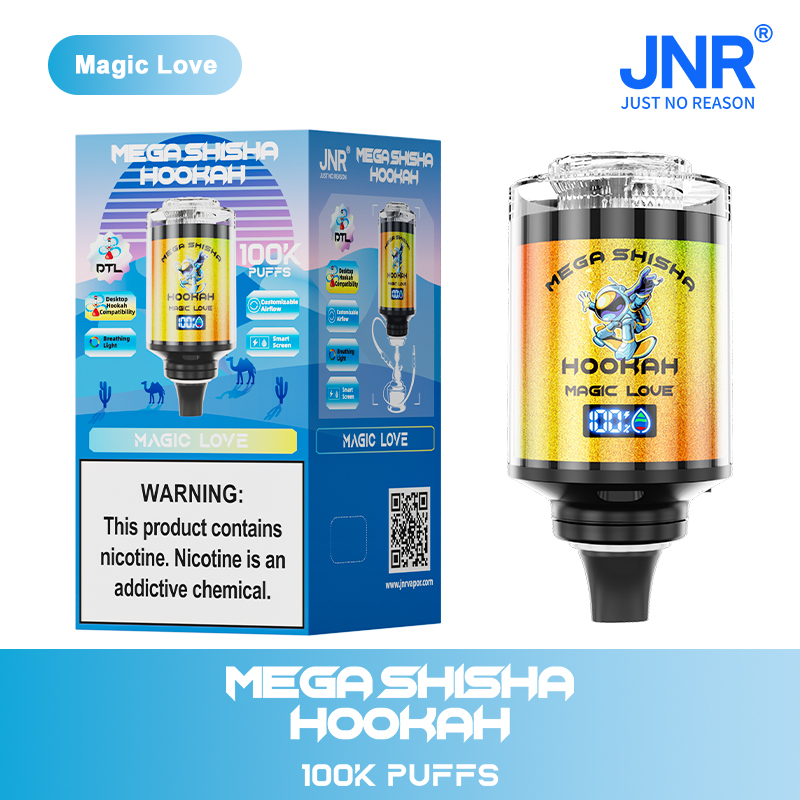 A detailed product image of a "Mega Shisha Hookah" labeled "Magic Love," featuring a colorful design with a digital display indicating "100K PUFFS." The product is accompanied by a box displaying similar branding, a warning about nicotine, and various icons indicating features like compatibility and an LED light.