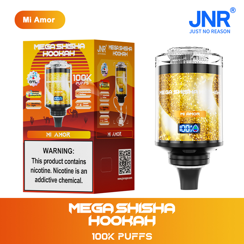 Mega Shisha Hookah device with 100K puffs capacity, featuring a golden design, customizable airflow, smart screen, and warning label about nicotine addiction, displayed alongside its packaging.