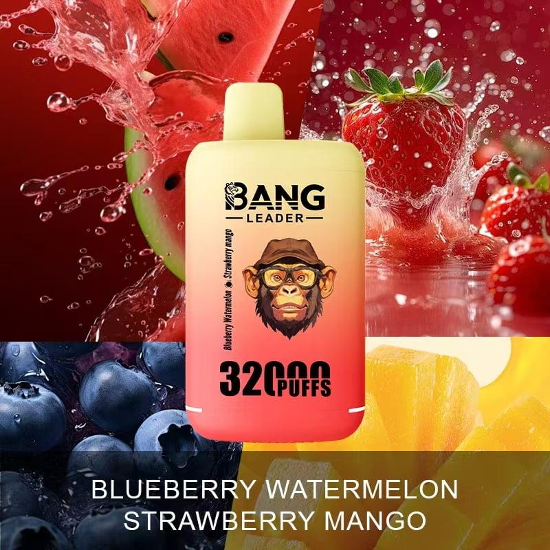 Un dispositivo de vapeo Bang Leader con sabores de arándano, sandía, fresa y mango, con una etiqueta que ofrece 32.000 bocanadas, sobre un fondo vibrante con imágenes de arándanos, rodajas de sandía, fresas y trozos de mango.